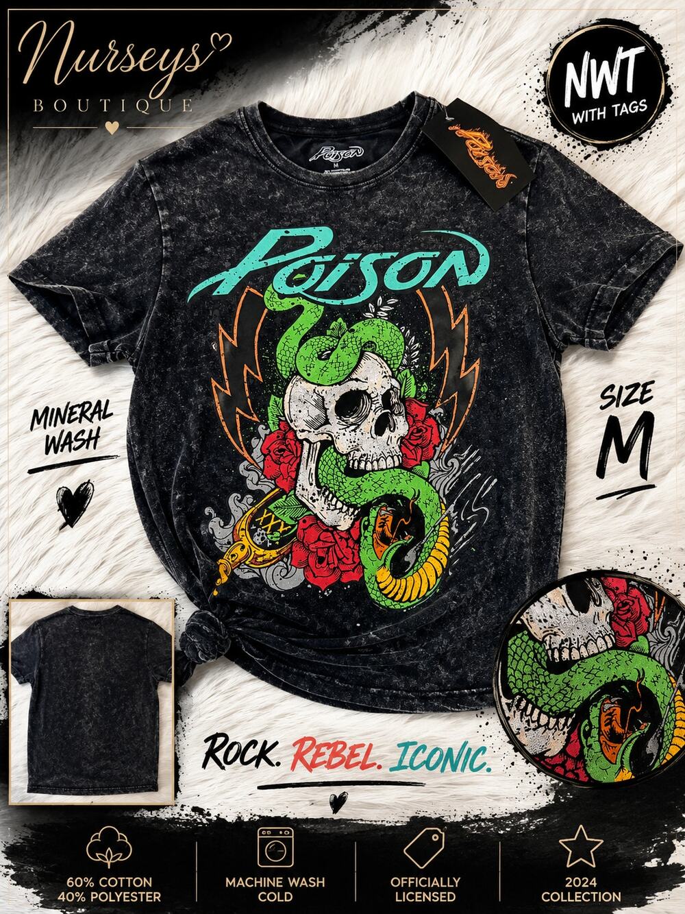 Poison Band Skull Snake Roses Mineral Wash Graphic Tee M NWT 2024